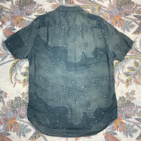 7 For All Mankind Linen Green Camouflage Style Short Sleeve Button Shirt M Camo - Picture 2 of 7